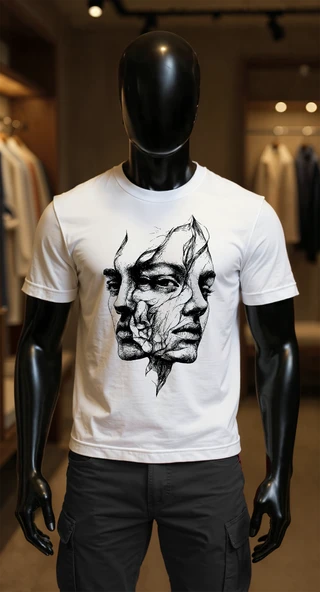 Erkek Beyaz Relaxed Fit %100 Pamuk Tişört – Büyük Ön Mürekkep / Soyut Yüz Baskılı ürün görseli