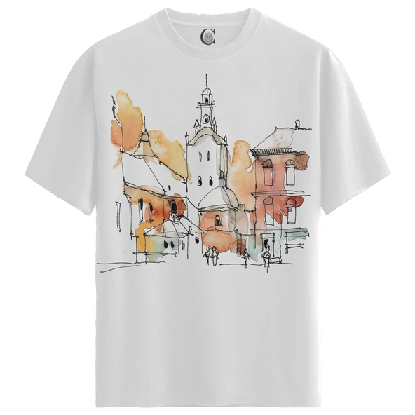 Erkek Beyaz Relaxed Fit %100 Pamuk Tişört – Mürekkep Şehir Kule İllüstrasyonu - Resim 3