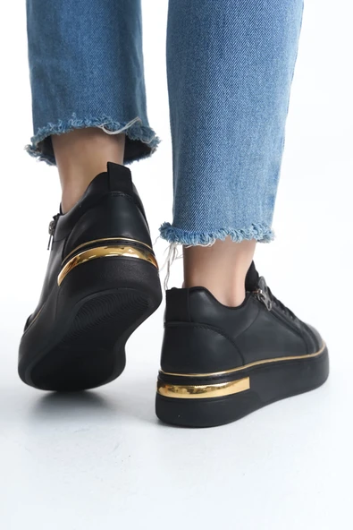 DINA Bağcıklı Fermuarlı Ortopedik Taban Kadın Sneaker Spor Ayakkabı  CST - Siyah/Altın - 3