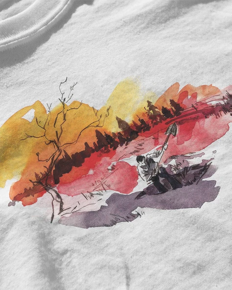 Erkek Beyaz Relaxed Fit %100 Pamuk Tişört – Suluboya Günbatımı & Balıkçı Manzara Baskılı - Resim 3