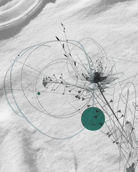 Erkek Beyaz Relaxed Fit %100 Pamuk Tişört – Soyut Mürekkep & Turkuaz Geometrik Baskılı - Resim 3