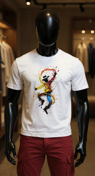 Erkek Beyaz Relaxed Fit %100 Pamuk Tişört – Canlı Drip & Suluboya Dansçı Baskılı ürün görseli 1