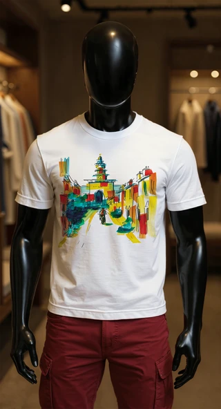 Erkek Beyaz Relaxed Fit %100 Pamuk Tişört – Suluboya Şehir Sokak & Kule İllüstrasyonu Baskılı ürün görseli