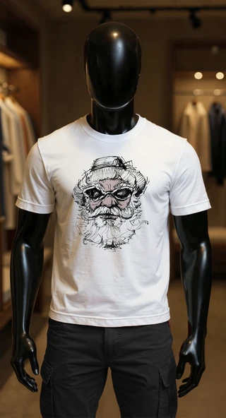 Erkek Beyaz Relaxed Fit %100 Pamuk Tişört – Mürekkep Çizgili Sakallı Adam & Gözlük Baskılı ürün görseli