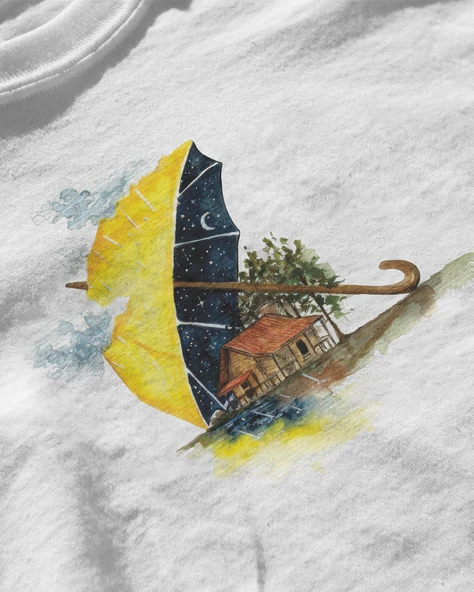 Erkek Beyaz Relaxed Fit %100 Pamuk Tişört – Suluboya Şemsiye & Ev Baskılı - Resim 3