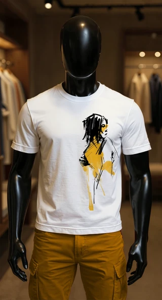 Erkek Beyaz Relaxed Fit %100 Pamuk Tişört – Karakalem Portre ve Sarı Brush‑Stroke Baskılı ürün görseli 1