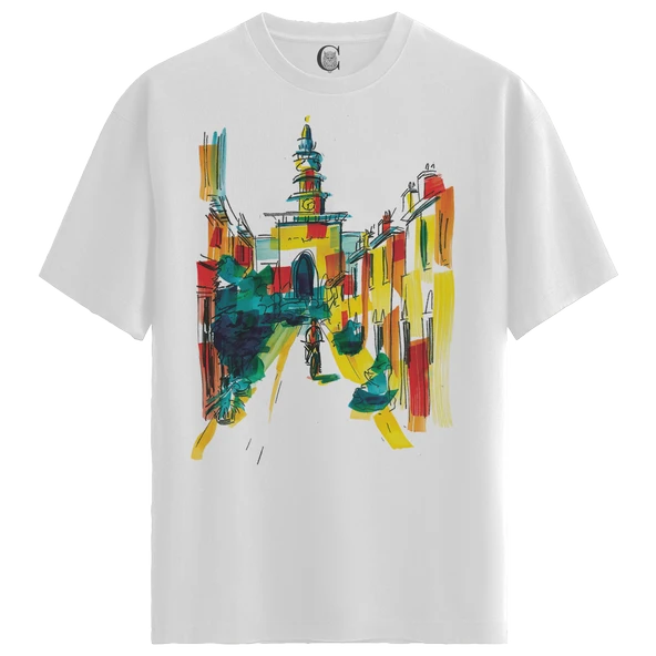 Erkek Beyaz Relaxed Fit %100 Pamuk Tişört – Suluboya Şehir Sokak & Kule İllüstrasyonu Baskılı - Resim 4