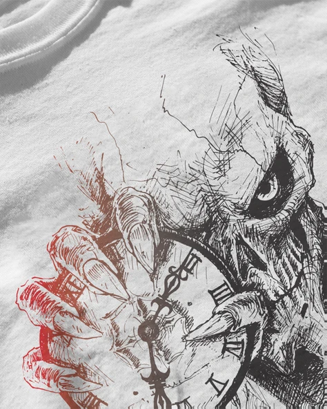 Erkek Beyaz Relaxed Fit %100 Pamuk Tişört –  İskelet & Saat Büyük Ön Baskılı - Resim 3