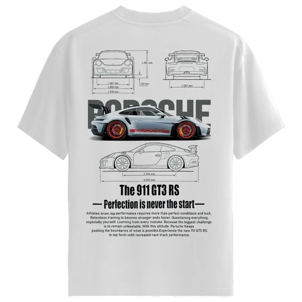 Erkek Beyaz Relaxed Fit %100 Pamuk Tişört – 911 GT3 RS Grafik + Sırt Teknik Baskılı - Resim 5
