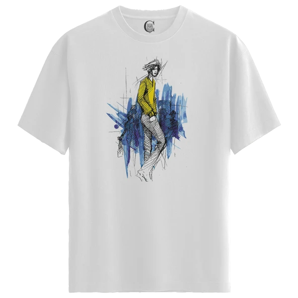 Erkek Beyaz Relaxed Fit %100 Pamuk Tişört – Suluboya & Çizgisel Model Baskılı - Resim 4