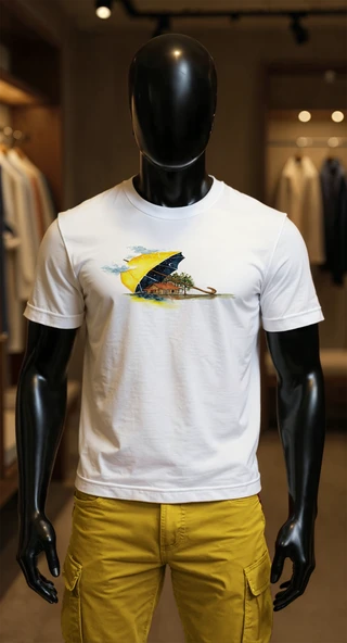 Erkek Beyaz Relaxed Fit %100 Pamuk Tişört – Suluboya Şemsiye & Ev Baskılı ürün görseli 1