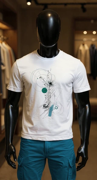 Erkek Beyaz Relaxed Fit %100 Pamuk Tişört – Soyut Mürekkep & Turkuaz Geometrik Baskılı ürün görseli 1