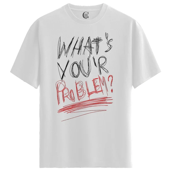 Erkek Beyaz Relaxed Fit %100 Pamuk Tişört – “WHAT’S YOUR PROBLEM?” Karakalem Tipografi Baskılı - Resim 4