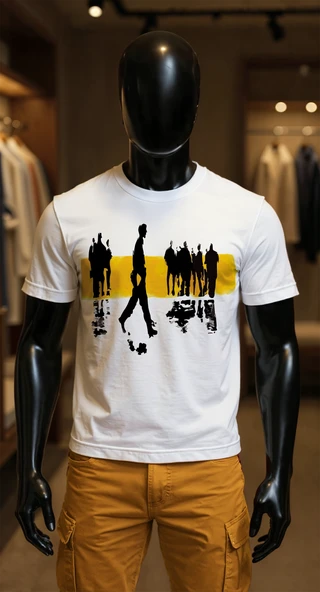 Erkek Beyaz Relaxed Fit %100 Pamuk Tişört – Sarı Şerit & Siyah Siluet Yansımalı Baskılı ürün görseli 1