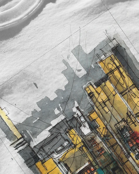 Erkek Beyaz Relaxed Fit %100 Pamuk Tişört – Suluboya Sokak & Şehir İllüstrasyonu Baskı - Resim 3