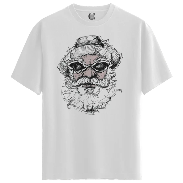 Erkek Beyaz Relaxed Fit %100 Pamuk Tişört – Mürekkep Çizgili Sakallı Adam & Gözlük Baskılı - Resim 4