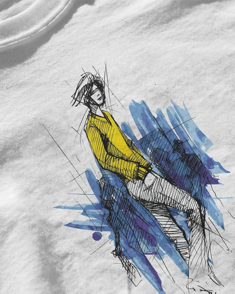 Erkek Beyaz Relaxed Fit %100 Pamuk Tişört – Suluboya & Çizgisel Model Baskılı - Resim 3