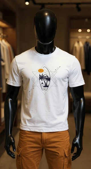 Erkek Beyaz Relaxed Fit %100 Pamuk Tişört – Minimal Palmiyeli Geometrik Baskılı ürün görseli