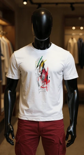 Erkek Beyaz Relaxed Fit %100 Pamuk Tişört – Senna İllüstrasyonu Baskılı ürün görseli 1