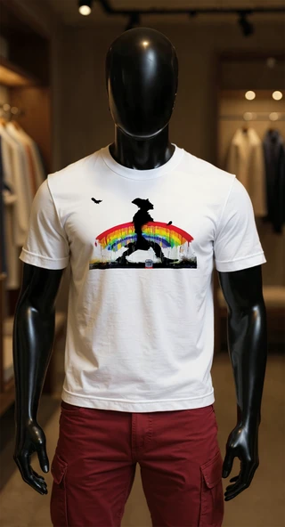 Erkek Beyaz Relaxed Fit %100 Pamuk Tişört – Gökkuşağı Graffiti & Silüet Baskılı ürün görseli 1