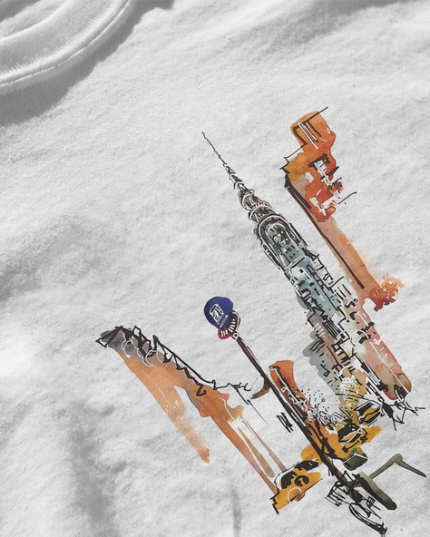 Erkek Beyaz Relaxed Fit %100 Pamuk Tişört – New York Suluboya Şehir Baskılı - Resim 3