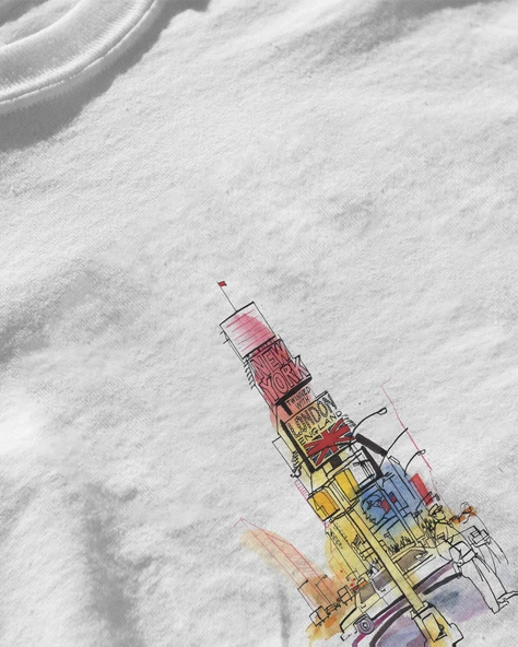 Erkek Beyaz Relaxed Fit %100 Pamuk Tişört – Suluboya Şehir İllüstrasyonu (New York & London) - Resim 3