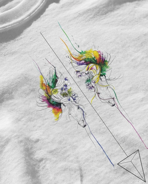 Erkek Beyaz Relaxed Fit %100 Pamuk Tişört – Minimal Simetrik Yüz & Renkli Suluboya - Resim 3