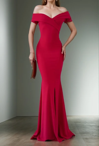 Kadın Dalgıç Kumaş Kayık Yaka Ve Dekolte Detaylı Elbise ürün görseli