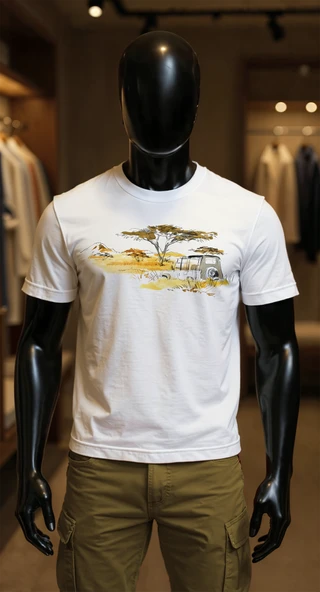 Erkek Beyaz Relaxed Fit %100 Pamuk Tişört – Suluboya Savana & Eski Jeep Baskılı ürün görseli 1