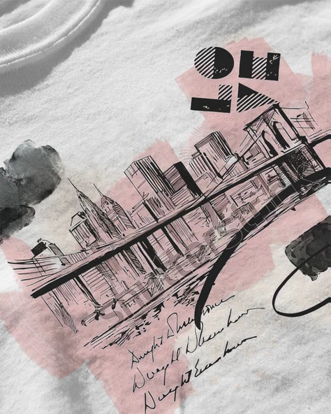 Erkek Beyaz Relaxed Fit %100 Pamuk Tişört – Suluboya Şehir & Köprü Çizimli Baskı - Resim 3