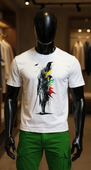 Erkek Beyaz Relaxed Fit %100 Pamuk Tişört – Büyük Ön Baskılı Zırhlı Savaşçı Grafik ürün görseli 1