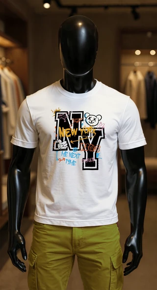 Erkek Beyaz Relaxed Fit %100 Pamuk Tişört – New York Graffiti & Karikatür Baskılı ürün görseli
