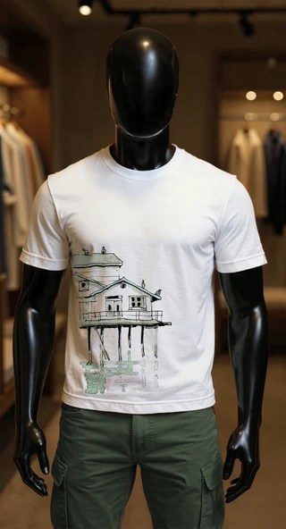 Erkek Beyaz Relaxed Fit %100 Pamuk Tişört – Suluboya Ev & İskeletli İllüstrasyonlu ürün görseli