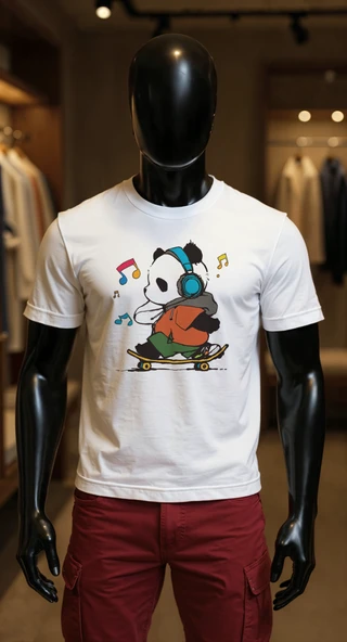 Erkek Beyaz Relaxed Fit %100 Pamuk Tişört – Kaykaycı Panda Karikatür Baskılı ürün görseli 1