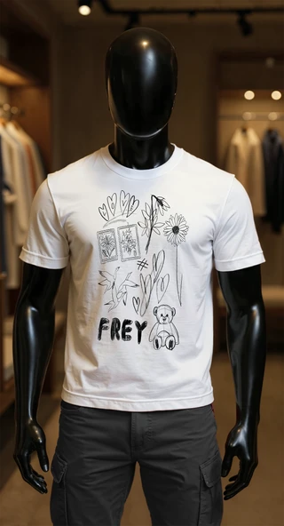 Erkek Beyaz Relaxed Fit %100 Pamuk Tişört – Doodle Karikatür & Teddy Bear Baskılı ürün görseli 1