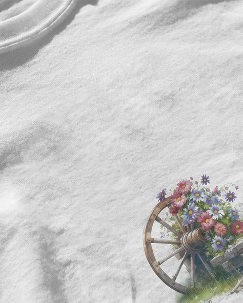 Erkek Beyaz Relaxed Fit %100 Pamuk Tişört – Ön Alt Sağ Çiçek & Ahşap Tekerlek Baskılı - Resim 3