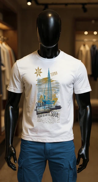 Erkek Beyaz Relaxed Fit %100 Pamuk Tişört – ''Ocean Soul'' Yelkenli Baskılı ürün görseli