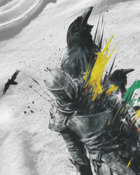 Erkek Beyaz Relaxed Fit %100 Pamuk Tişört – Büyük Ön Baskılı Zırhlı Savaşçı Grafik - Resim 3