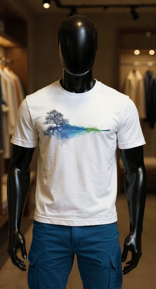 Erkek Beyaz Relaxed Fit %100 Pamuk Tişört – Suluboya Ağaç & Yansıma Baskılı ürün görseli 1