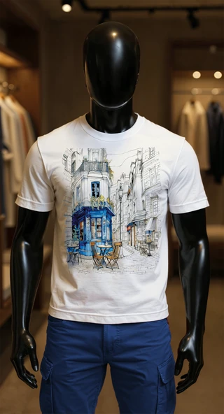 Erkek Beyaz Relaxed Fit %100 Pamuk Tişört – Mavi Kafe & Sokak İllüstrasyonu ürün görseli
