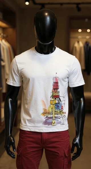 Erkek Beyaz Relaxed Fit %100 Pamuk Tişört – Suluboya Şehir İllüstrasyonu (New York & London) ürün görseli