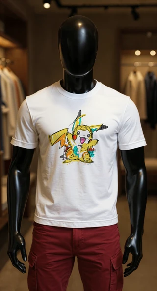 Erkek Beyaz Relaxed Fit %100 Pamuk Tişört – Pikachu Karakter Büyük Ön Baskılı ürün görseli 1