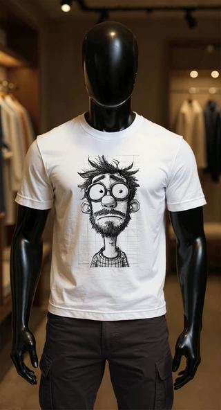 Erkek Beyaz Relaxed Fit %100 Pamuk Tişört – El Çizimi Karakalem Portre Baskılı ürün görseli 1