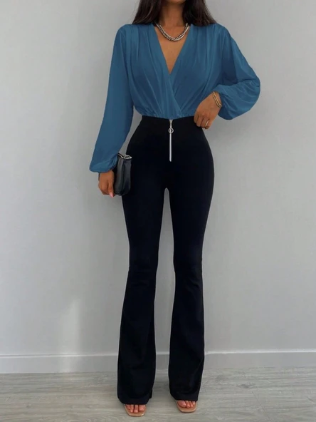 Kadın Uzun Kollu Kruvaze Yaka Sandy Bluz - Resim 4