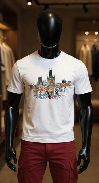 Erkek Beyaz Relaxed Fit %100 Pamuk Tişört – İnce Yatay Şehir İllüstrasyonu Baskılı ürün görseli 1