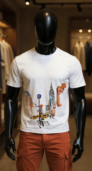 Erkek Beyaz Relaxed Fit %100 Pamuk Tişört – New York Suluboya Şehir Baskılı ürün görseli 1