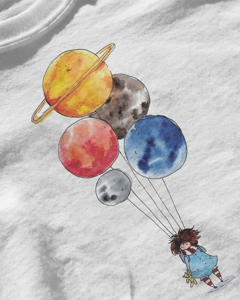 Erkek Beyaz Relaxed Fit %100 Pamuk Tişört – Gezegen Balonlu Küçük Ön Baskı - Resim 3