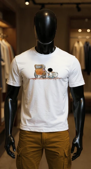 Erkek Beyaz Relaxed Fit %100 Pamuk Tişört – Nostaljik Çocuk & El Arabası Baskılı ürün görseli 1