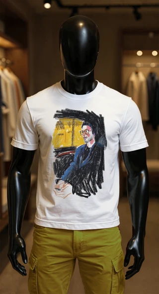 Erkek Beyaz Relaxed Fit %100 Pamuk Tişört – El‑Çizimi Portre Baskılı ürün görseli 1