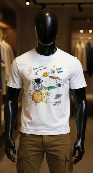 Erkek Beyaz Relaxed Fit %100 Pamuk Tişört – Renkli Astronot & Galaksi Baskılı ürün görseli 1